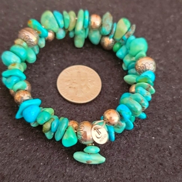 CAROLYN POLLACK Relios 925 STERLING turquoise wire wrap bracelet vintage signed - Picture 2 of 3